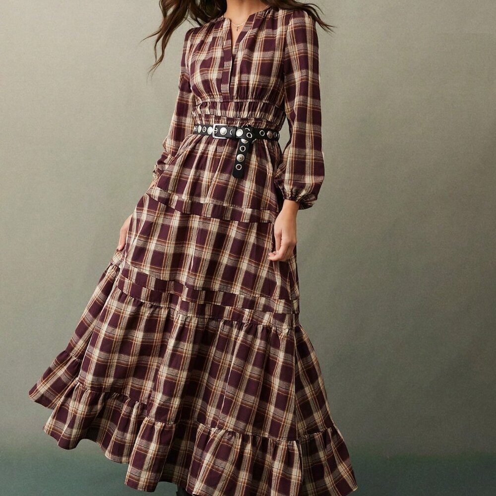 Burgundy Casual Women's Western Plaid Notch V-Neck Tiered Long Sleeve maxi Dress